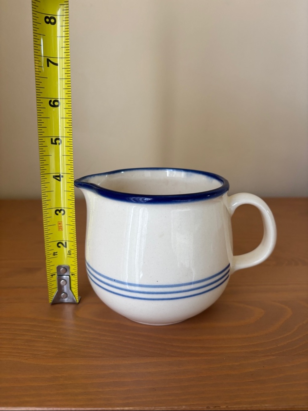 Vintage East Germany DDR Cream Ceramic Creamer with Blue Trim and Stripe Pitcher - Picture 5 of 5